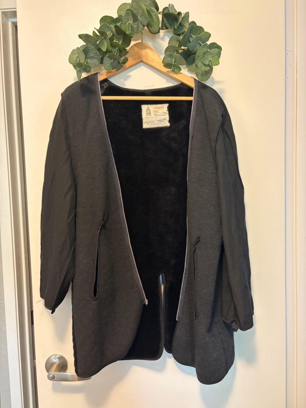London Fog Black Open-Front Teddy Jacket with Faux Fur Lining